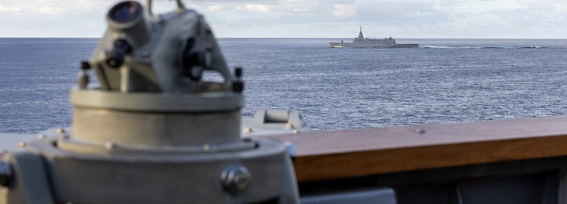Japan Maritime Self-Defense Force Mogami-class frigate JS Kumano (FFM 2) steams alongside U.S. Navy Arleigh Burke-class guided-missile destroyer USS Fitzgerald (DDG 62)